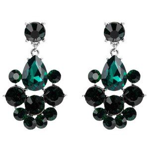 2.32" Forest Green Silver Long Teardrop Crystal Pageant Bridal Earrings Formal